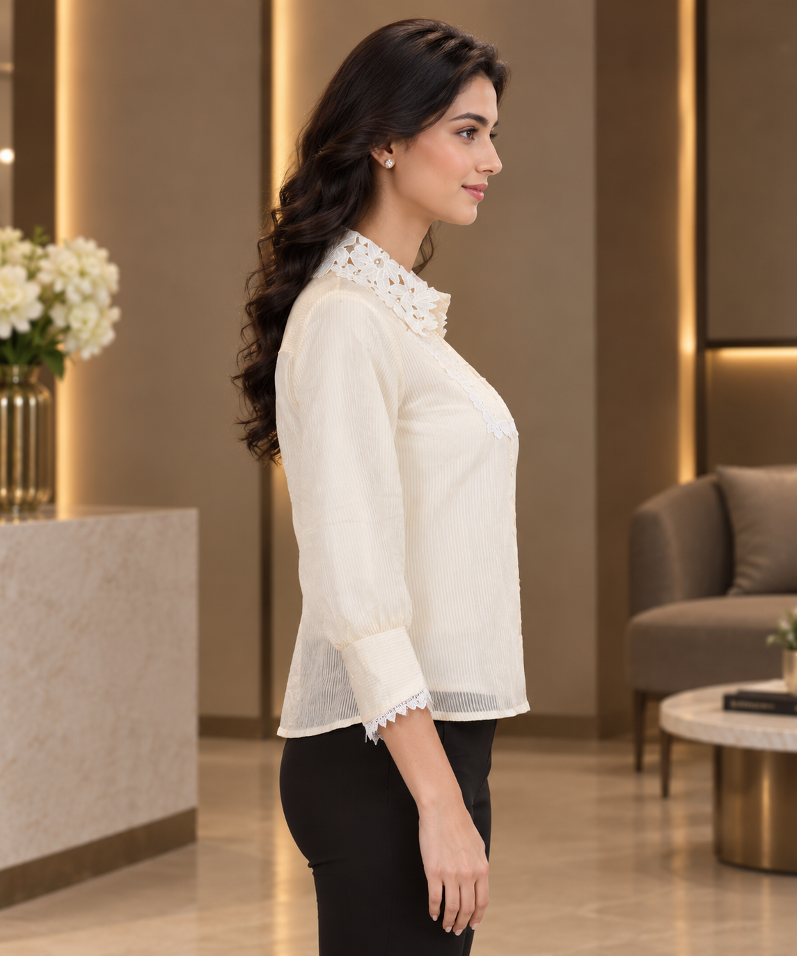 3510FL Elegant Lace Collar Imported Women's Shirt 3510FL-214-CRM - Image 2
