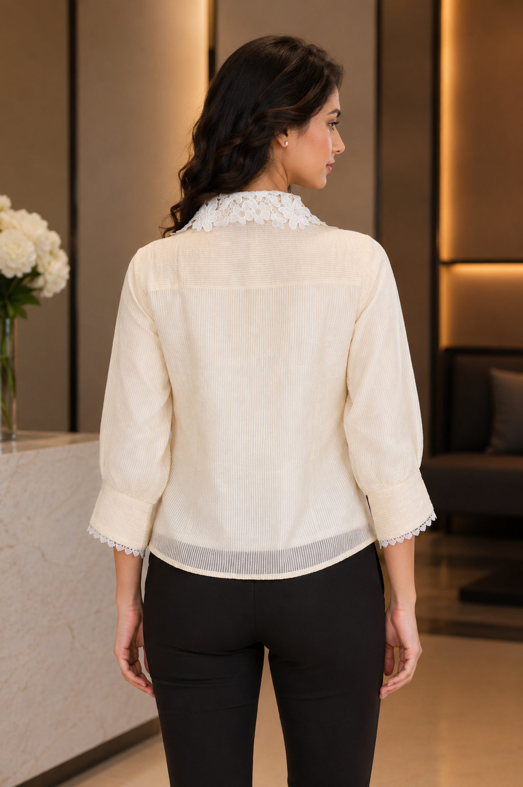 3510FL Elegant Lace Collar Imported Women's Shirt 3510FL-214-CRM - Image 4