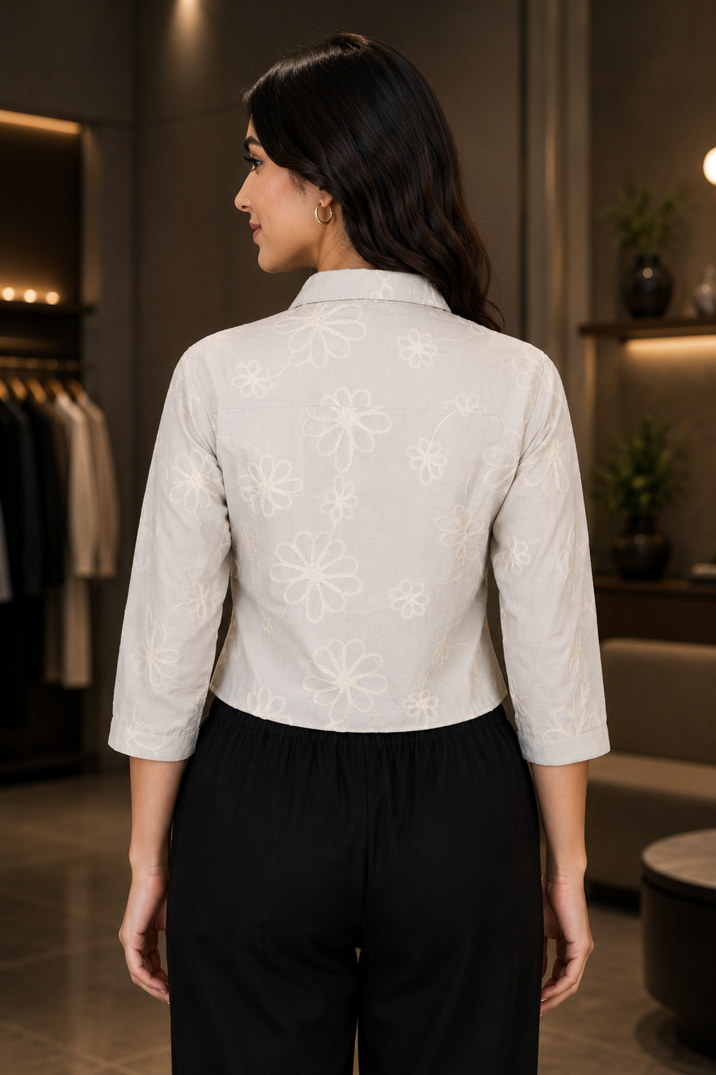 2285 Women's Imported Floral Embroidered Crop Shirt – Pearl Grey 2285-268-L GRY - Image 3