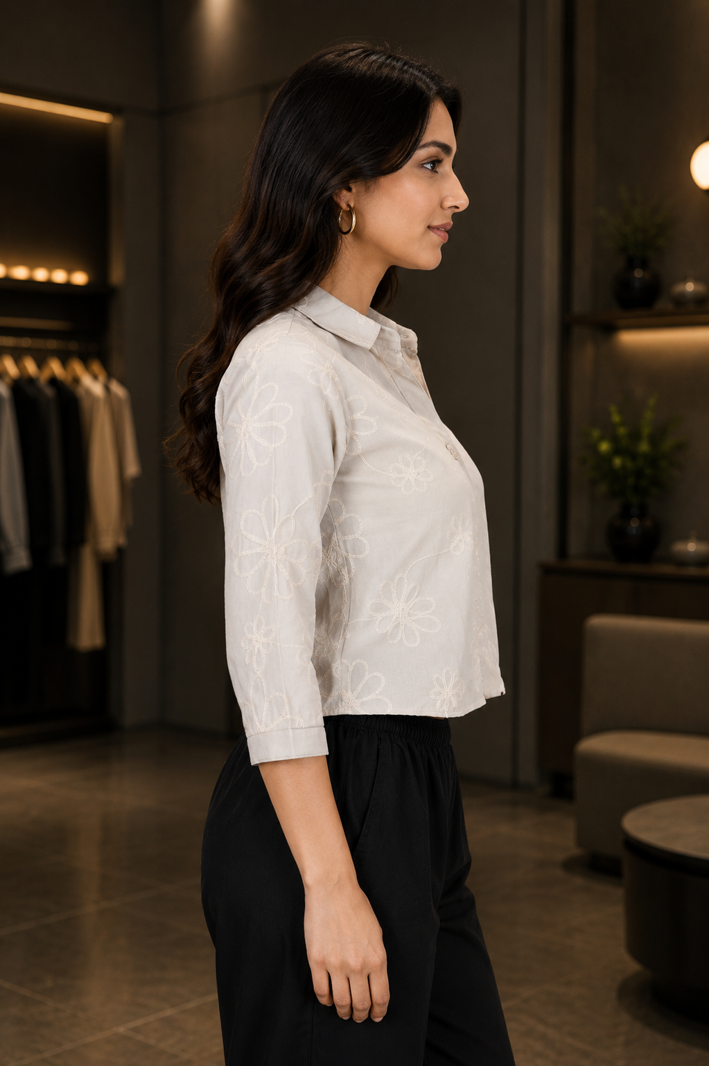 2285 Women's Imported Floral Embroidered Crop Shirt – Pearl Grey 2285-268-L GRY - Image 2