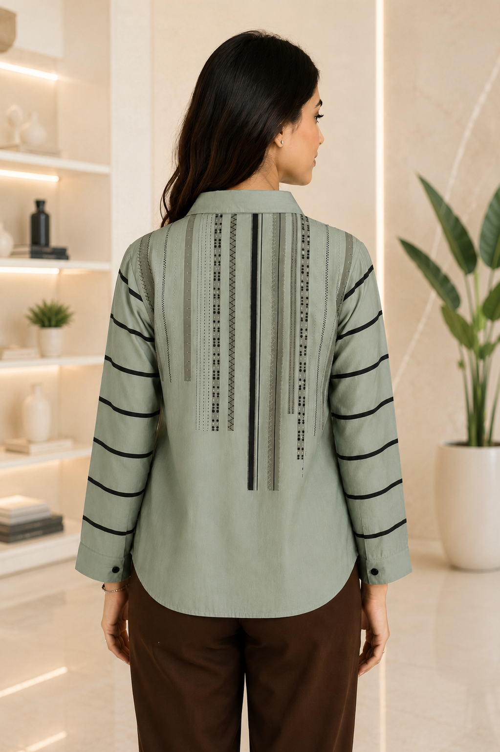 4762 Elegant Sage Green Embroidered Stripe Shirt 4762-331-GRN - Image 2