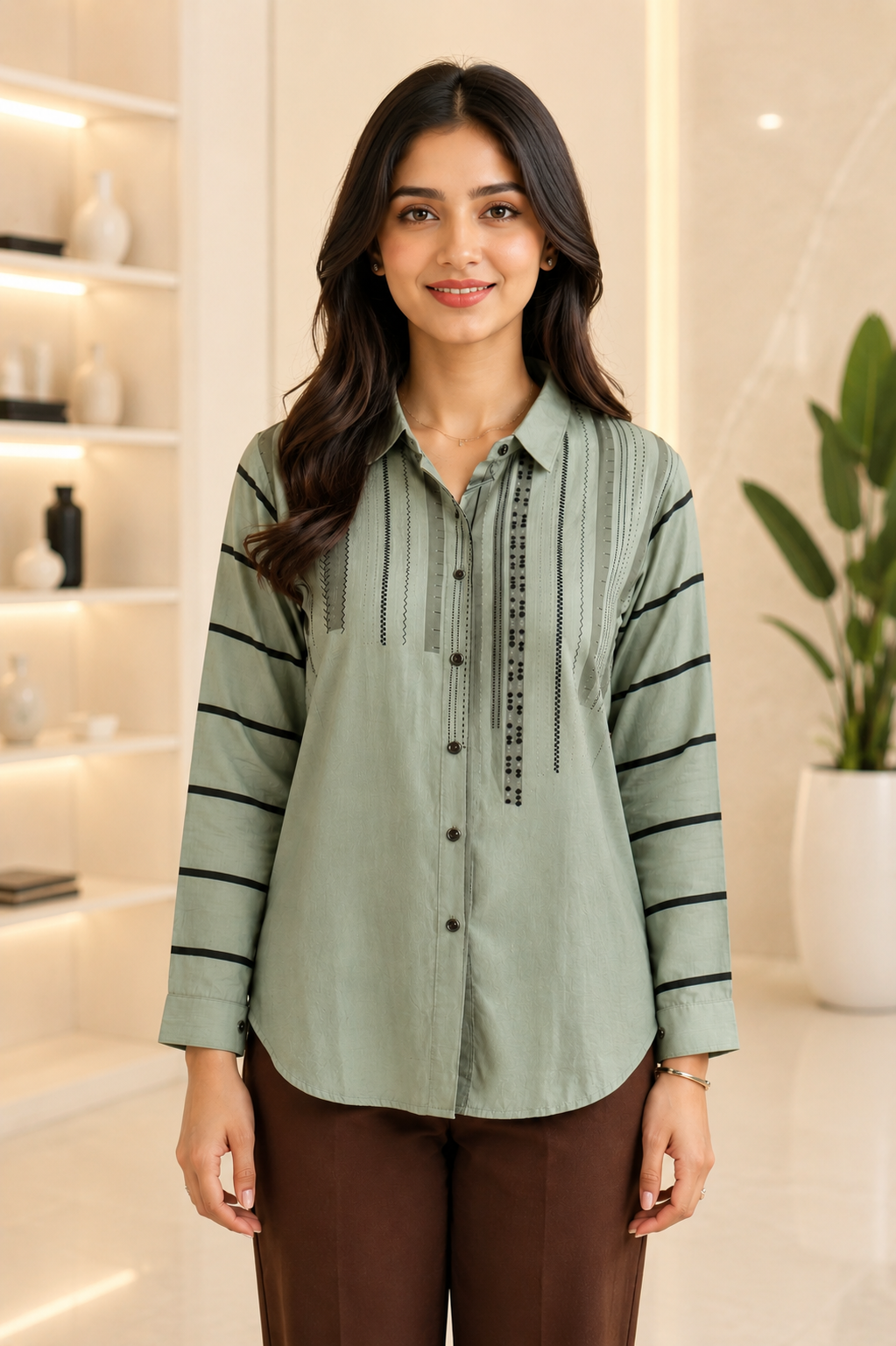 4762 Elegant Sage Green Embroidered Stripe Shirt 4762-331-GRN