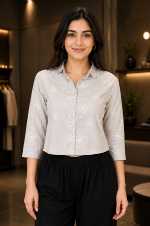 2285 Women's Imported Floral Embroidered Crop Shirt – Pearl Grey 2285-268-L GRY