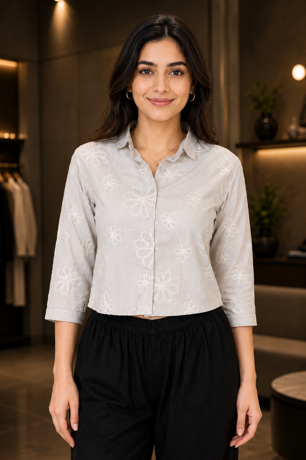 2285 Women's Imported Floral Embroidered Crop Shirt – Pearl Grey 2285-268-L GRY