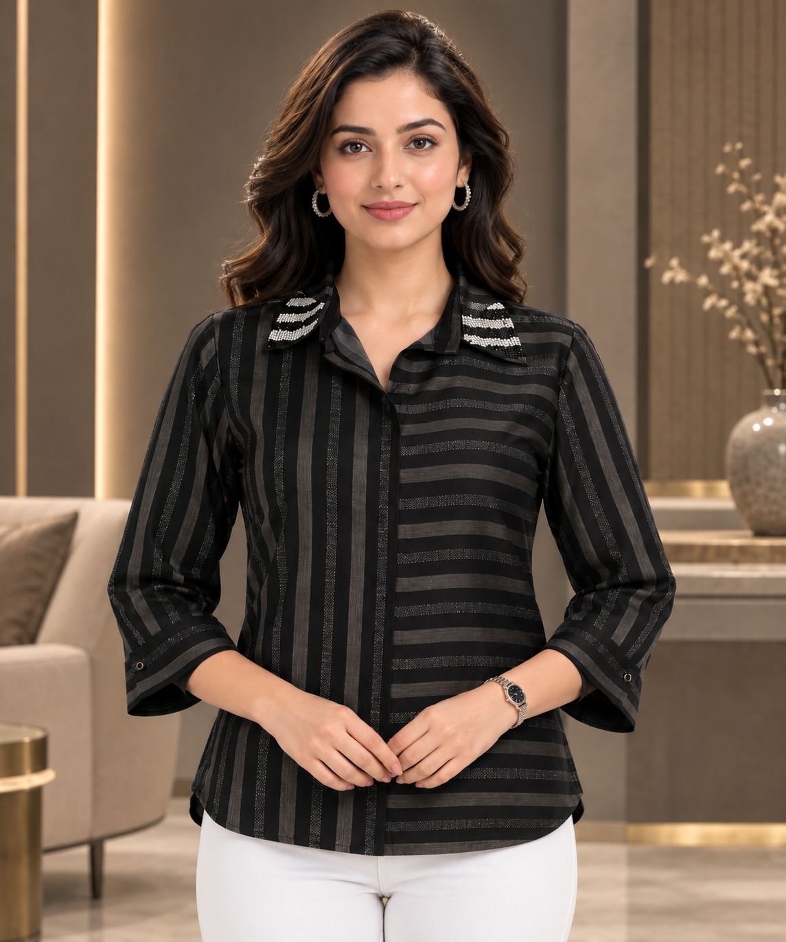 5005EM Elegant Midnight Stripe Imported Women's Top 5005EM-214-BLK