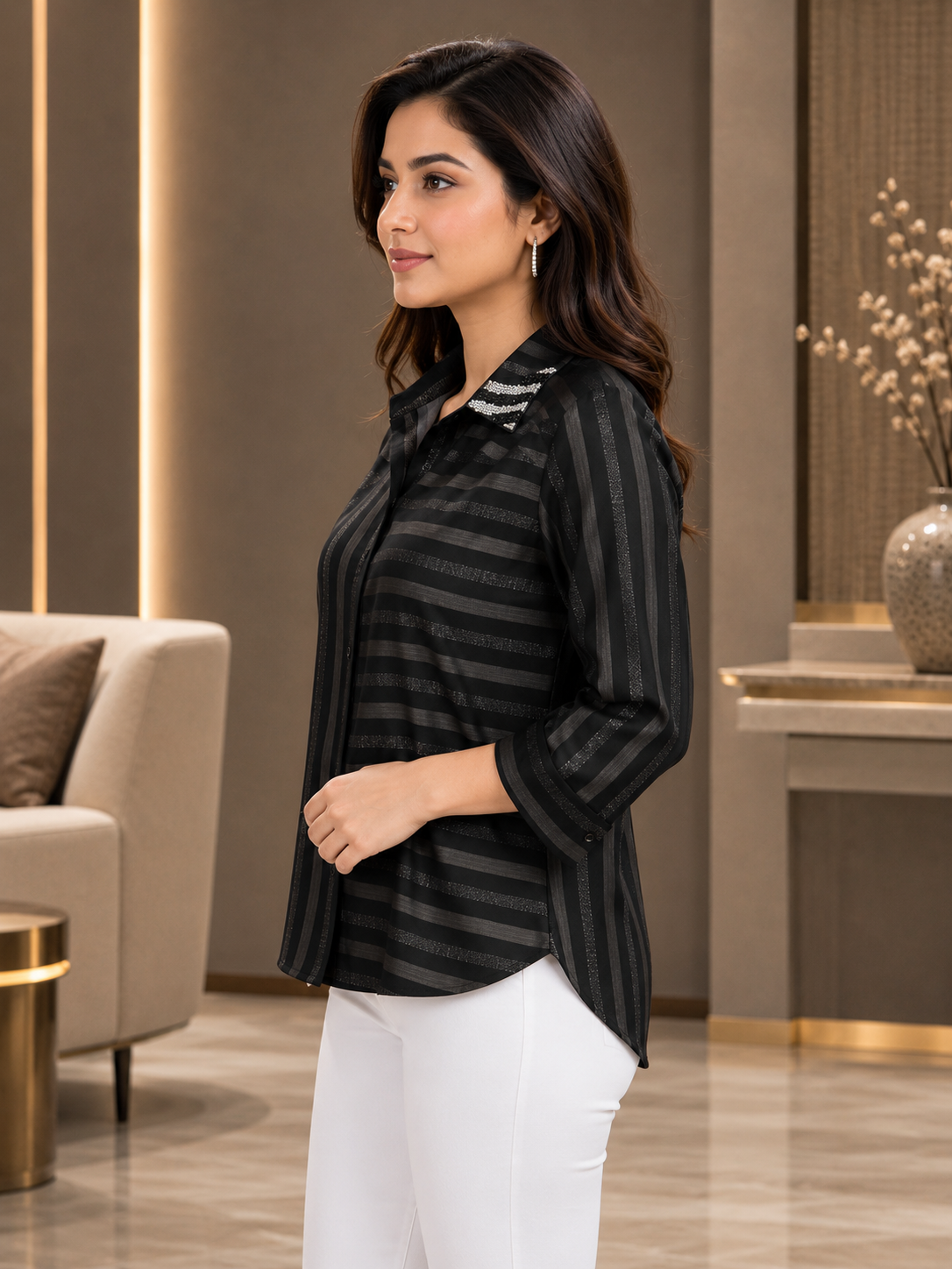 5005EM Elegant Midnight Stripe Imported Women's Top 5005EM-214-BLK - Image 2
