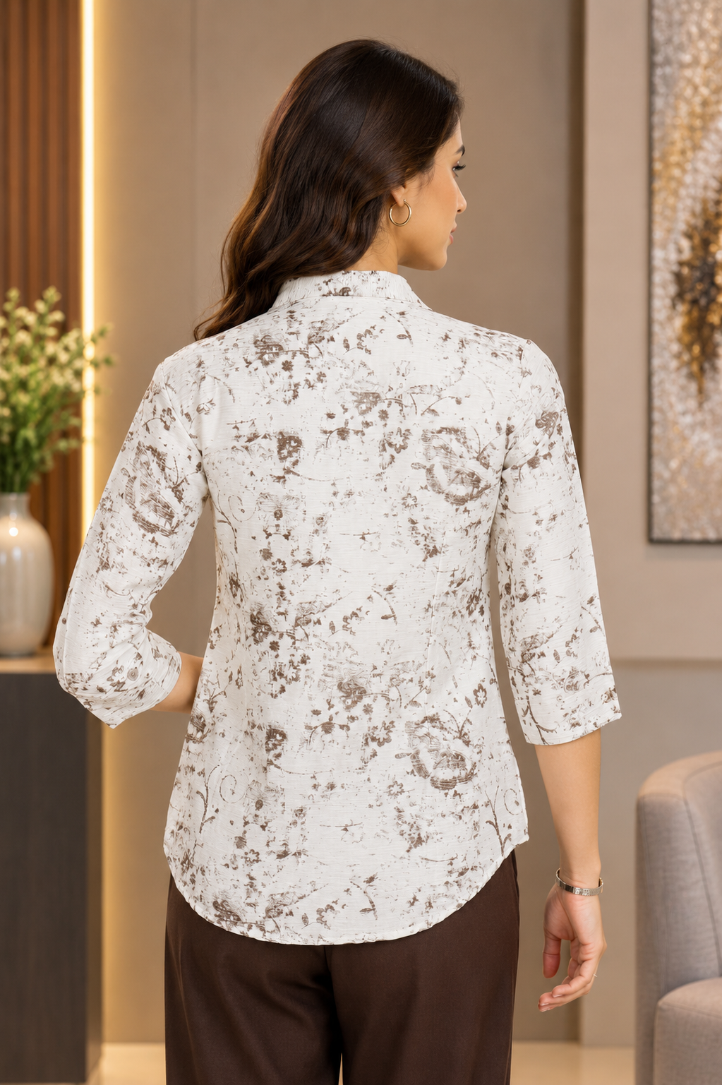 Women's Imported Printed Shirt – Ivory Taupe 2445-268-BRW - Image 3