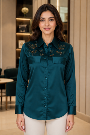 10050 Women's Imported Embellished Satin Shirt – Deep Teal 10050-214-GRN