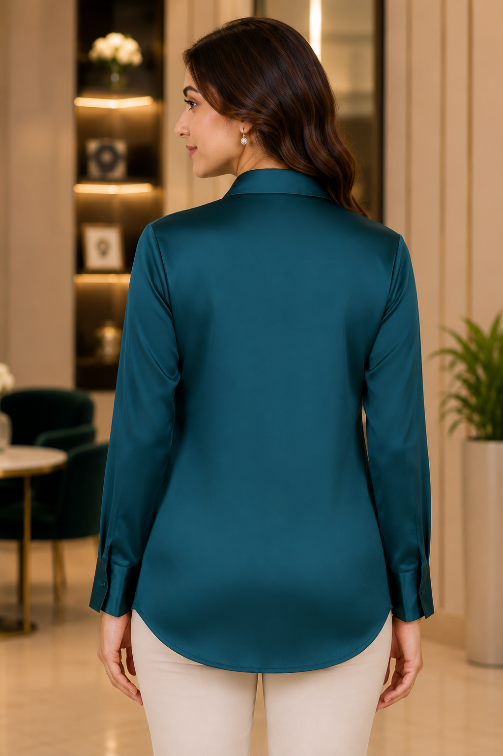 10050 Women's Imported Embellished Satin Shirt – Deep Teal 10050-214-GRN - Image 3