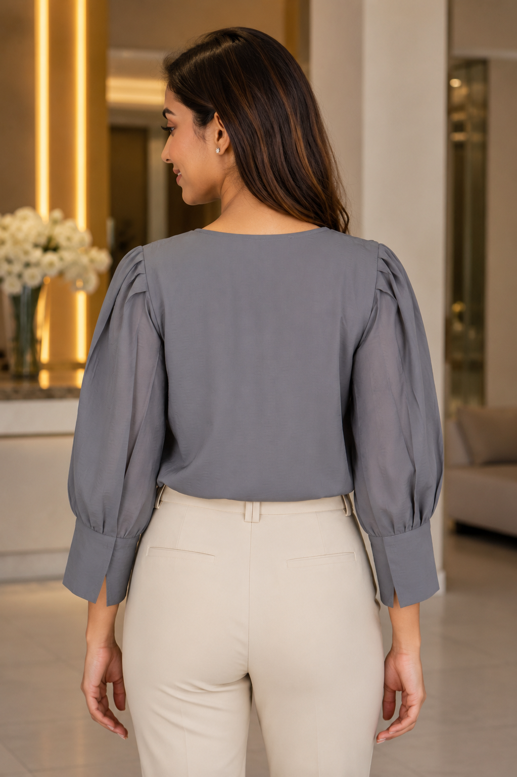 29972 Women's Imported Fabric Embellished Tie-Neck Top – Elegant Grey 29972-166-D GRY - Image 3