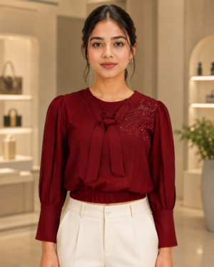 29972 Elegant Maroon Imported Fabric Tie-Neck Women's Top 29972-166-MRN