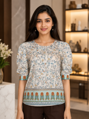 47775 Elegant Ivory Floral Printed Imported Fabric Women’s Top 47775-268-BLU