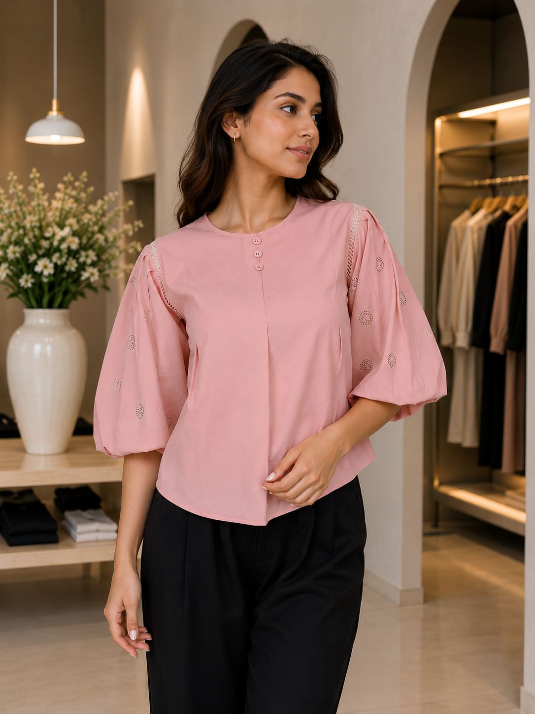 47615 Elegant Blush Pink Puff Sleeve Imported Top 47615-166-PNK