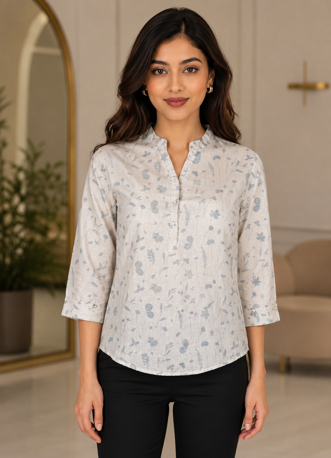 60692 Elegant Ivory Botanical Print Imported Fabric Women’s Top 60692-268-BLU