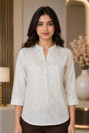 60692 Elegant Ivory Floral Print Imported Top 60692-268-OF WHT