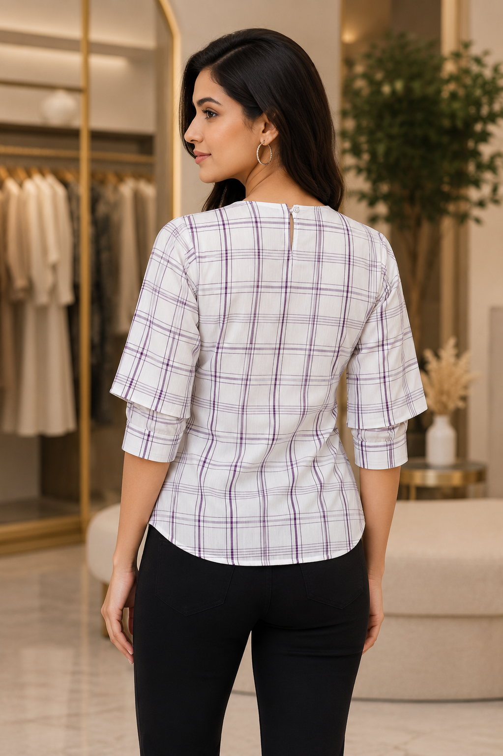 113609 Elegant White & Mauve Checked Imported Fabric Women’s Top 113609-268-PPL - Image 3