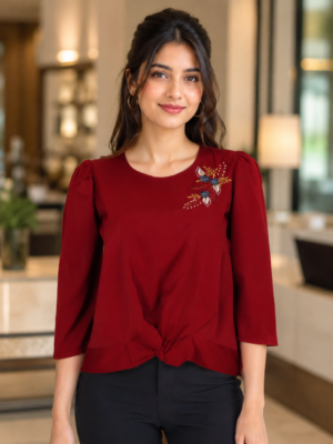 L019 Elegant Deep Red Embroidered Knot-Front Imported Fabric Women’s Top L019-24-MRN