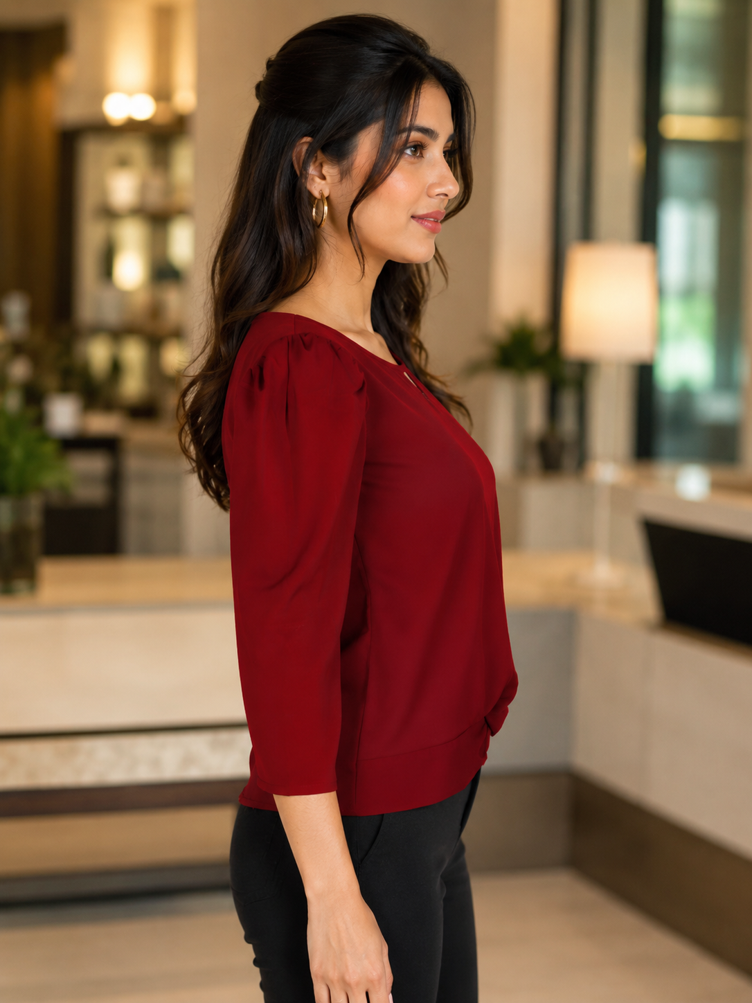 L019 Elegant Deep Red Embroidered Knot-Front Imported Fabric Women’s Top L019-24-MRN - Image 4