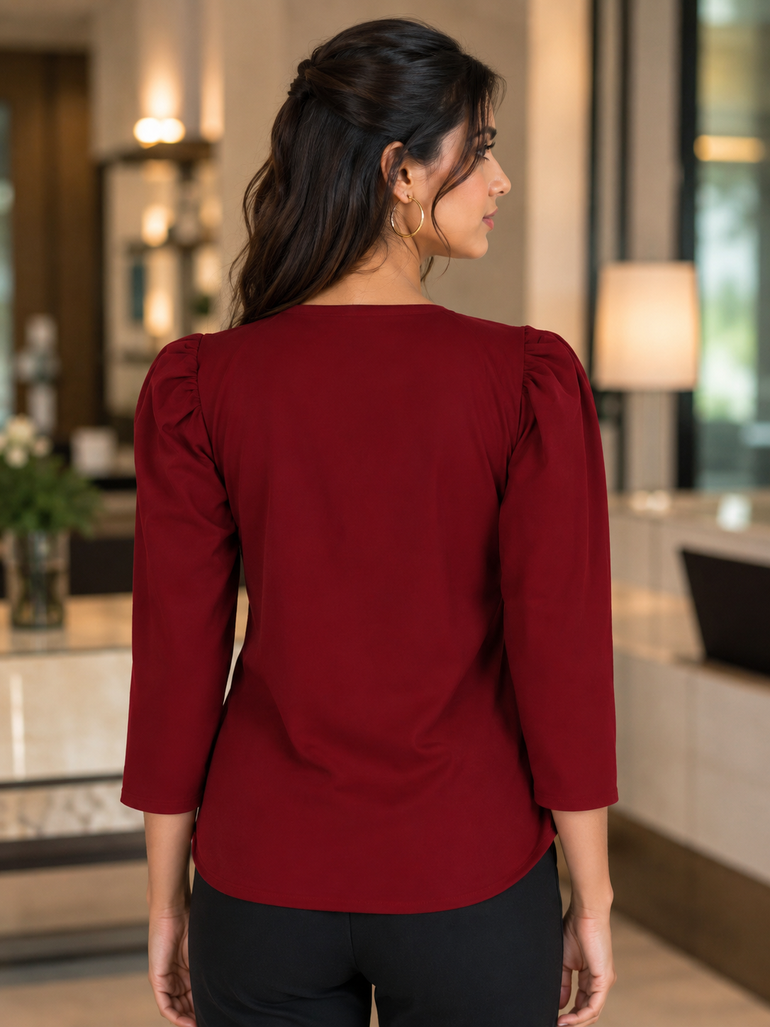 L019 Elegant Deep Red Embroidered Knot-Front Imported Fabric Women’s Top L019-24-MRN - Image 3
