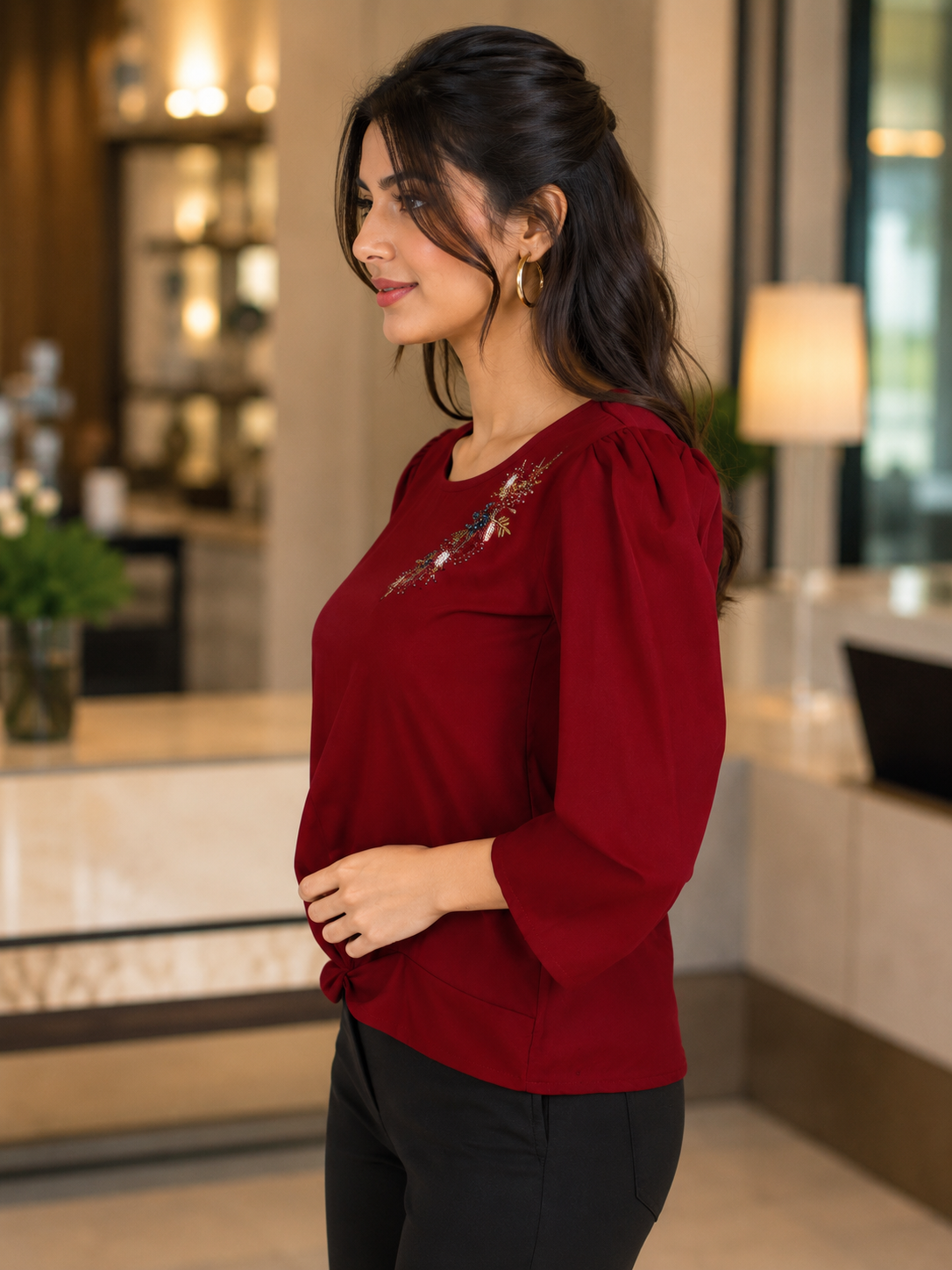 L019 Elegant Deep Red Embroidered Knot-Front Imported Fabric Women’s Top L019-24-MRN - Image 2