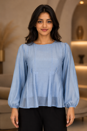 LD28A Elegant Powder Blue Pleated Imported Fabric Women’s Top LD28A-427-SKY