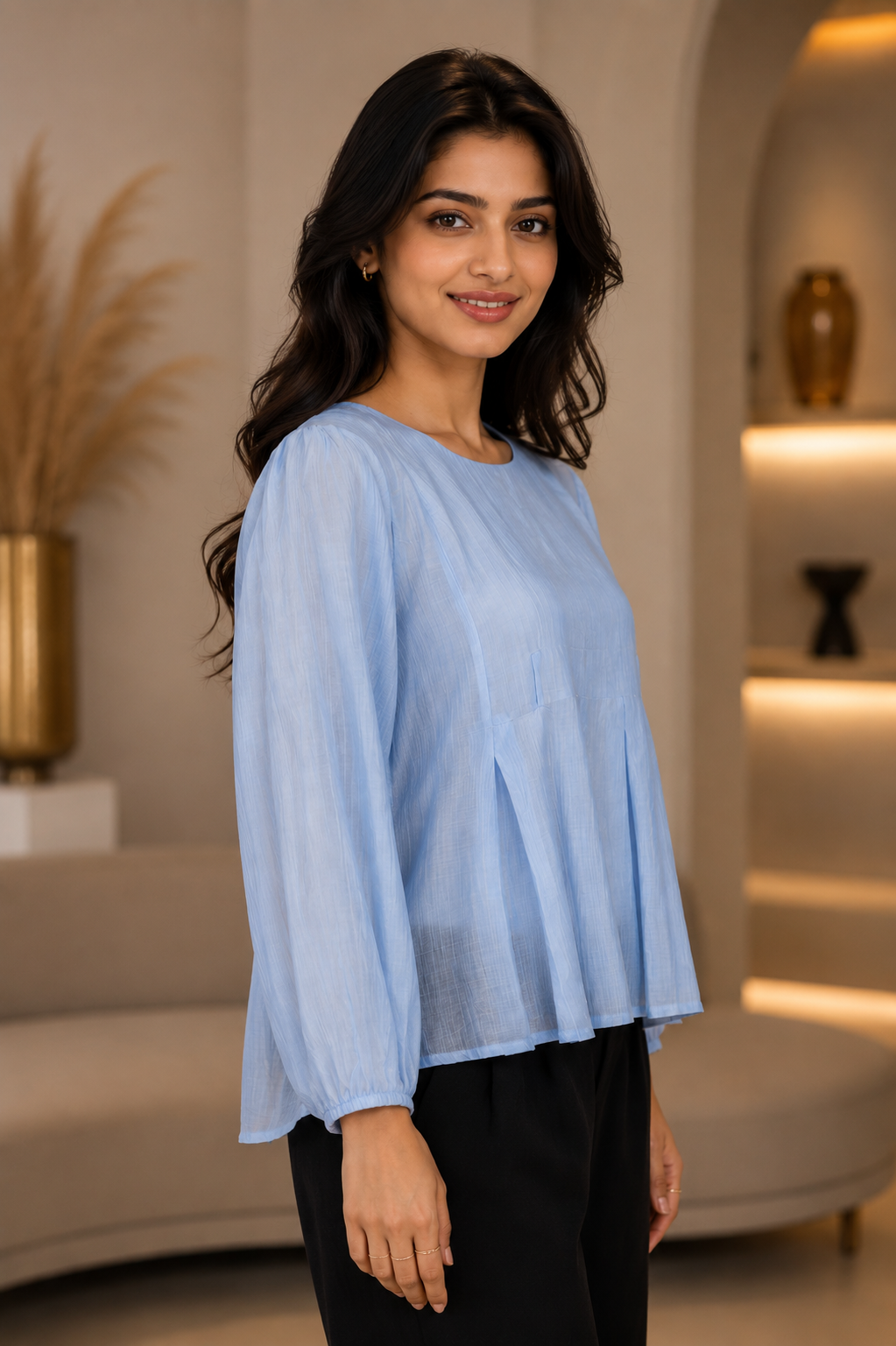 LD28A Elegant Powder Blue Pleated Imported Fabric Women’s Top LD28A-427-SKY - Image 4