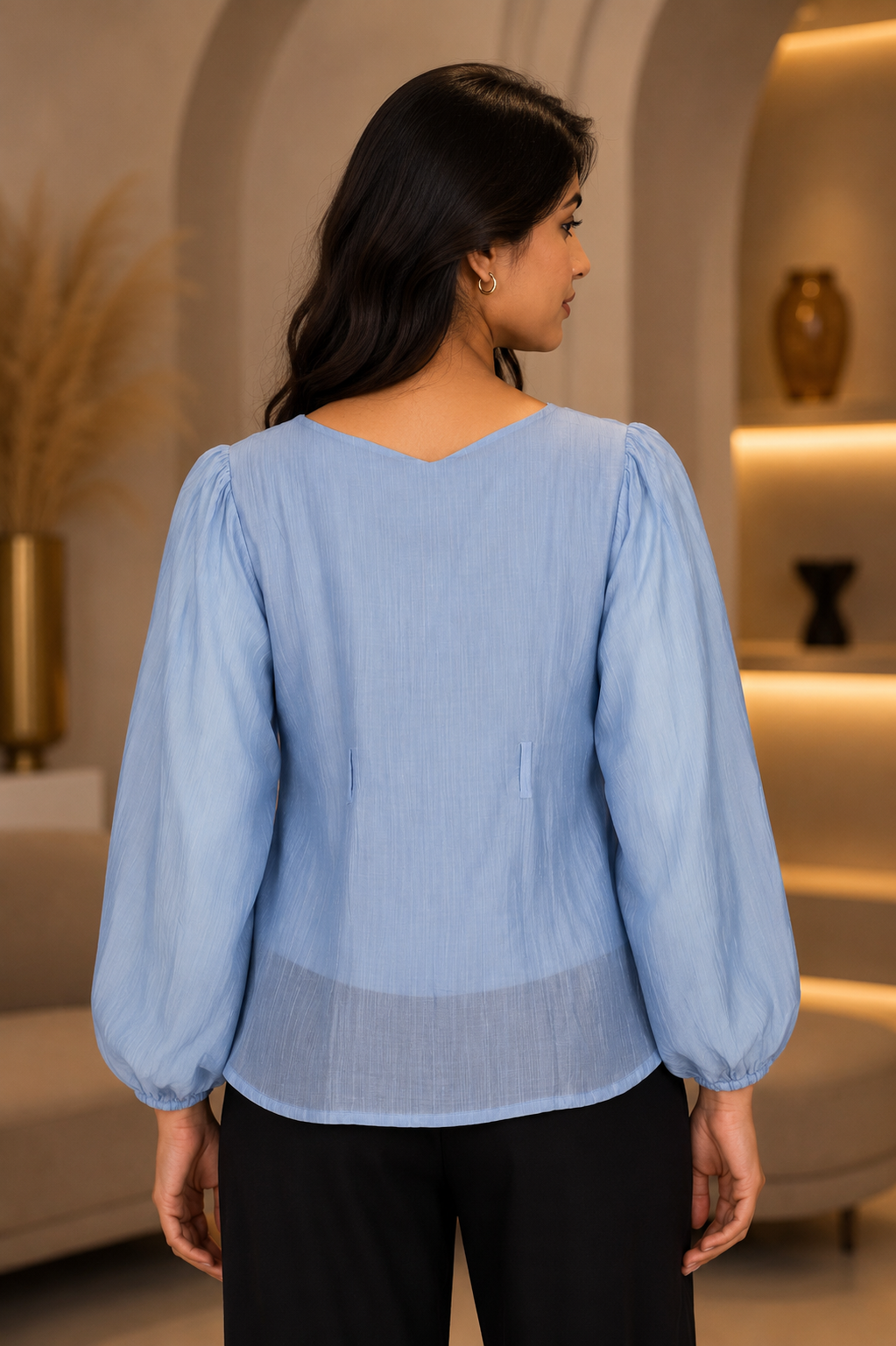 LD28A Elegant Powder Blue Pleated Imported Fabric Women’s Top LD28A-427-SKY - Image 3