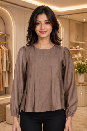 LD28A Elegant Mocha Brown Pleated Imported Fabric Women’s Top LD28A-427-D BWN