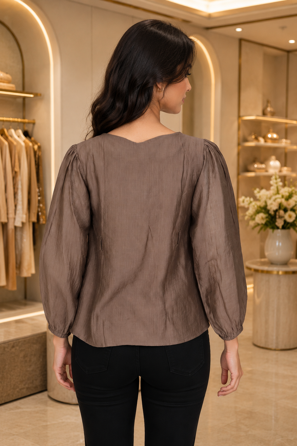 LD28A Elegant Mocha Brown Pleated Imported Fabric Women’s Top LD28A-427-D BWN - Image 4