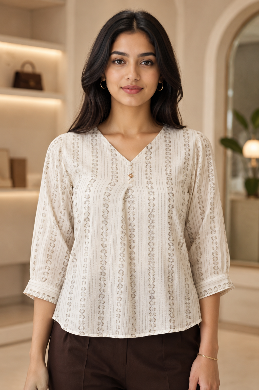 LD31 Elegant Beige Stripe Printed Imported Fabric Top LD31-427-OF WHT