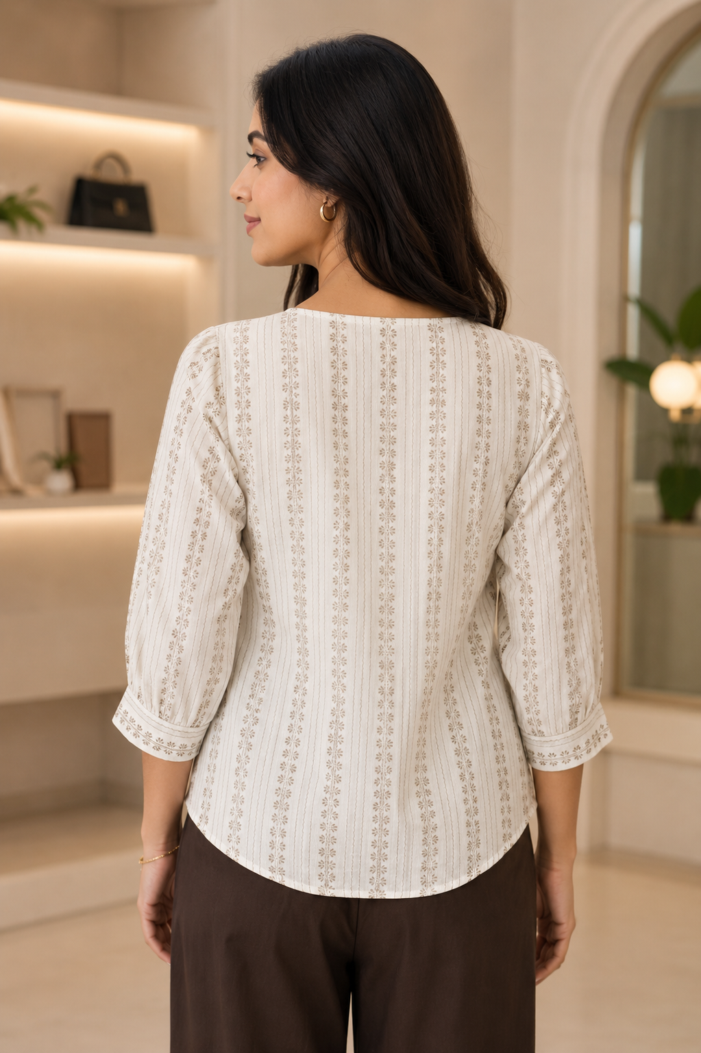 LD31 Elegant Beige Stripe Printed Imported Fabric Top LD31-427-OF WHT - Image 4