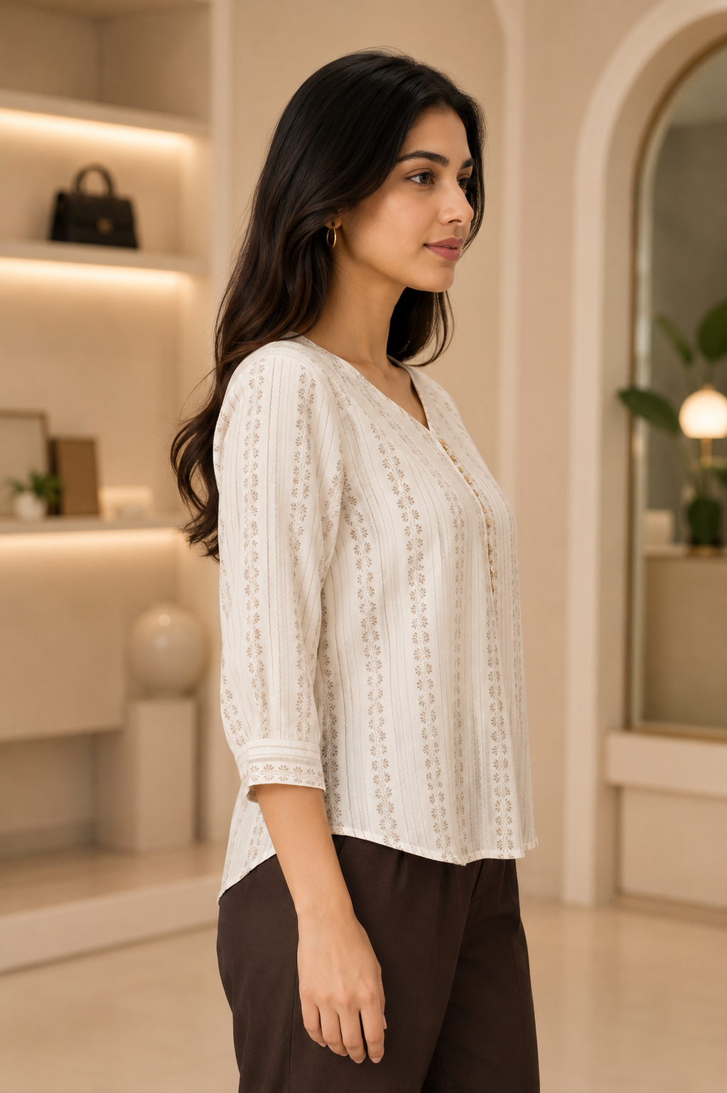 LD31 Elegant Beige Stripe Printed Imported Fabric Top LD31-427-OF WHT - Image 3