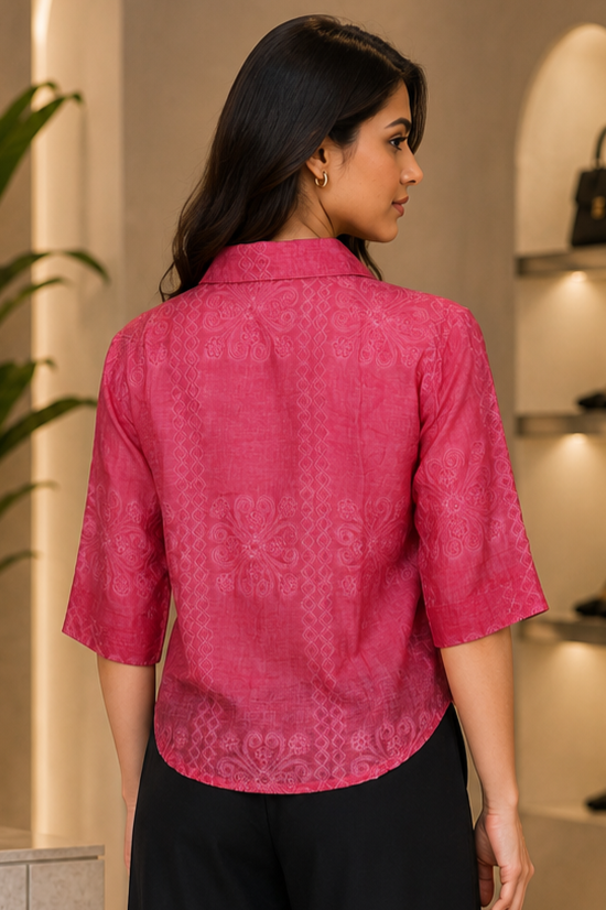 R10 Fuchsia Pink Textured Cropped Imported Shirt R10-76-R PNK - Image 3