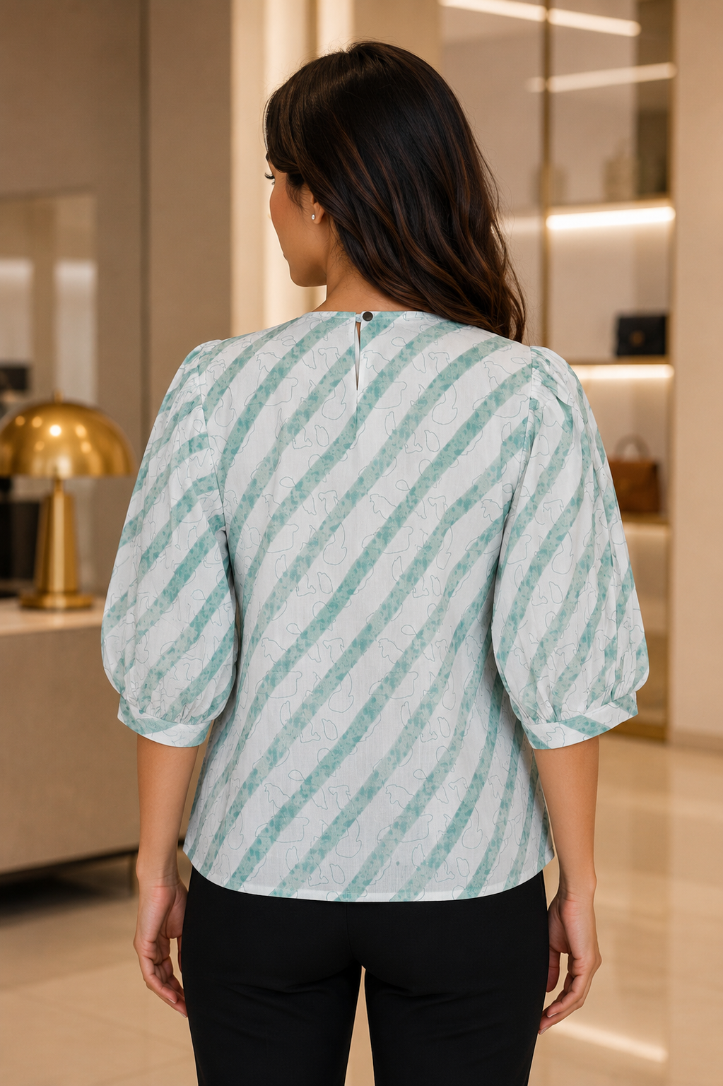 SK8976 Elegant Mint Stripe Imported Fabric Peplum Top SK8976-317-GRN - Image 3
