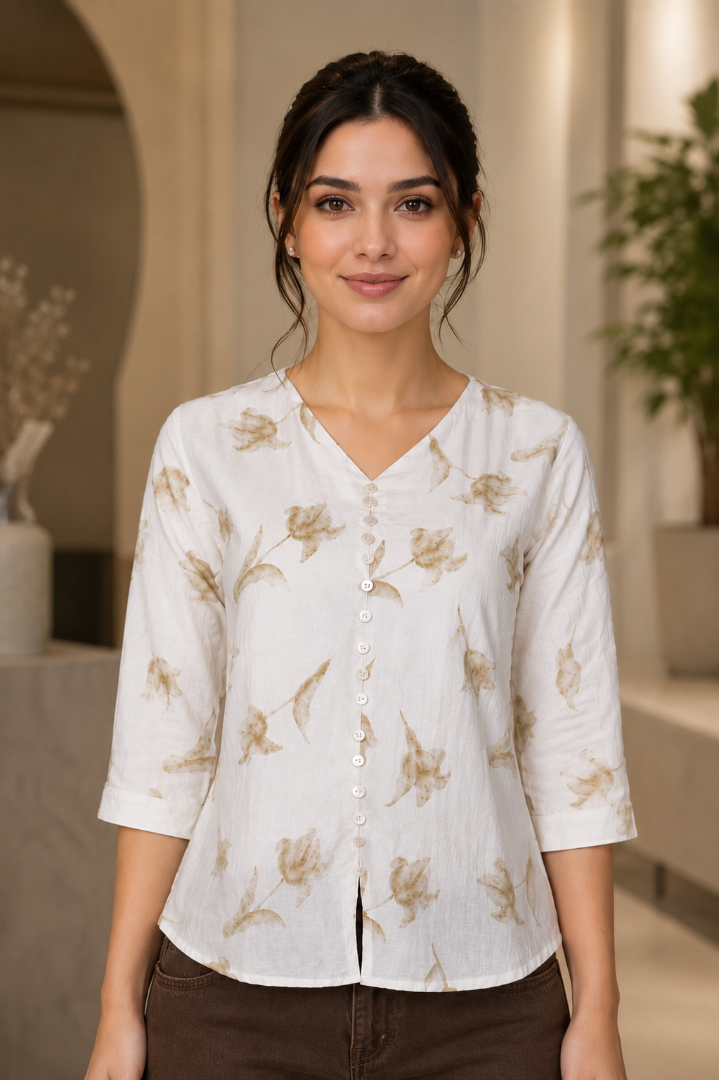 LD31 Elegant Ivory Floral Printed Imported Fabric Top LD31-427-WHT GLD