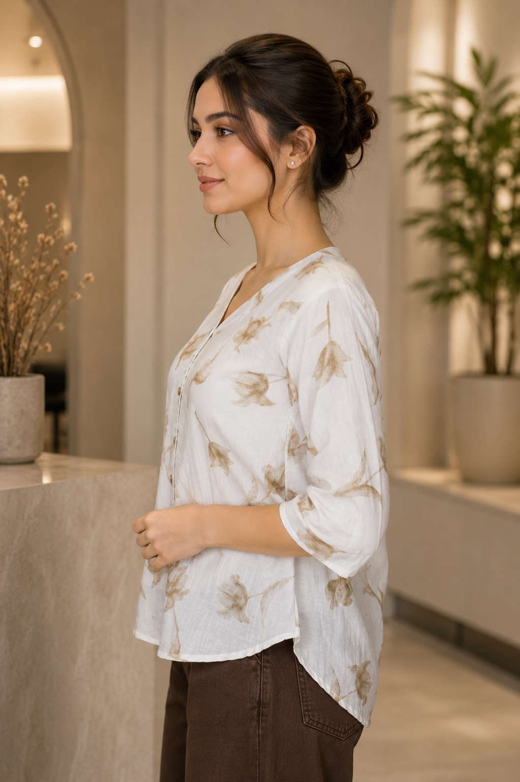 LD31 Elegant Ivory Floral Printed Imported Fabric Top LD31-427-WHT GLD - Image 4