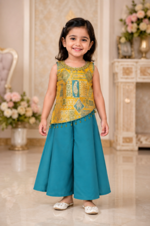 489  Jacquard Fabric Designer Mustard & Teal Palazzo Set for Girls  489-439-YLW