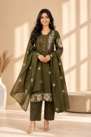 Women's Cotton Printed Kurta Set with Dupatta – Olive Green 2606PT-445-MHND