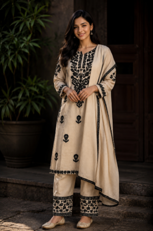 Women's Cotton Embroidered Kurta Pant Set with Dupatta 4485PT-445-FWN