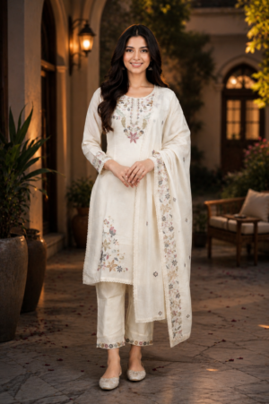 Women’s Off-White Cotton Embroidered Kurta Pant Set with Dupatta 33507FL-337-CRM