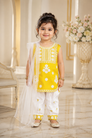 5108FL Sunshine Yellow Embroidered Linen Sharara Set for Girls 5108FL-268-GLD