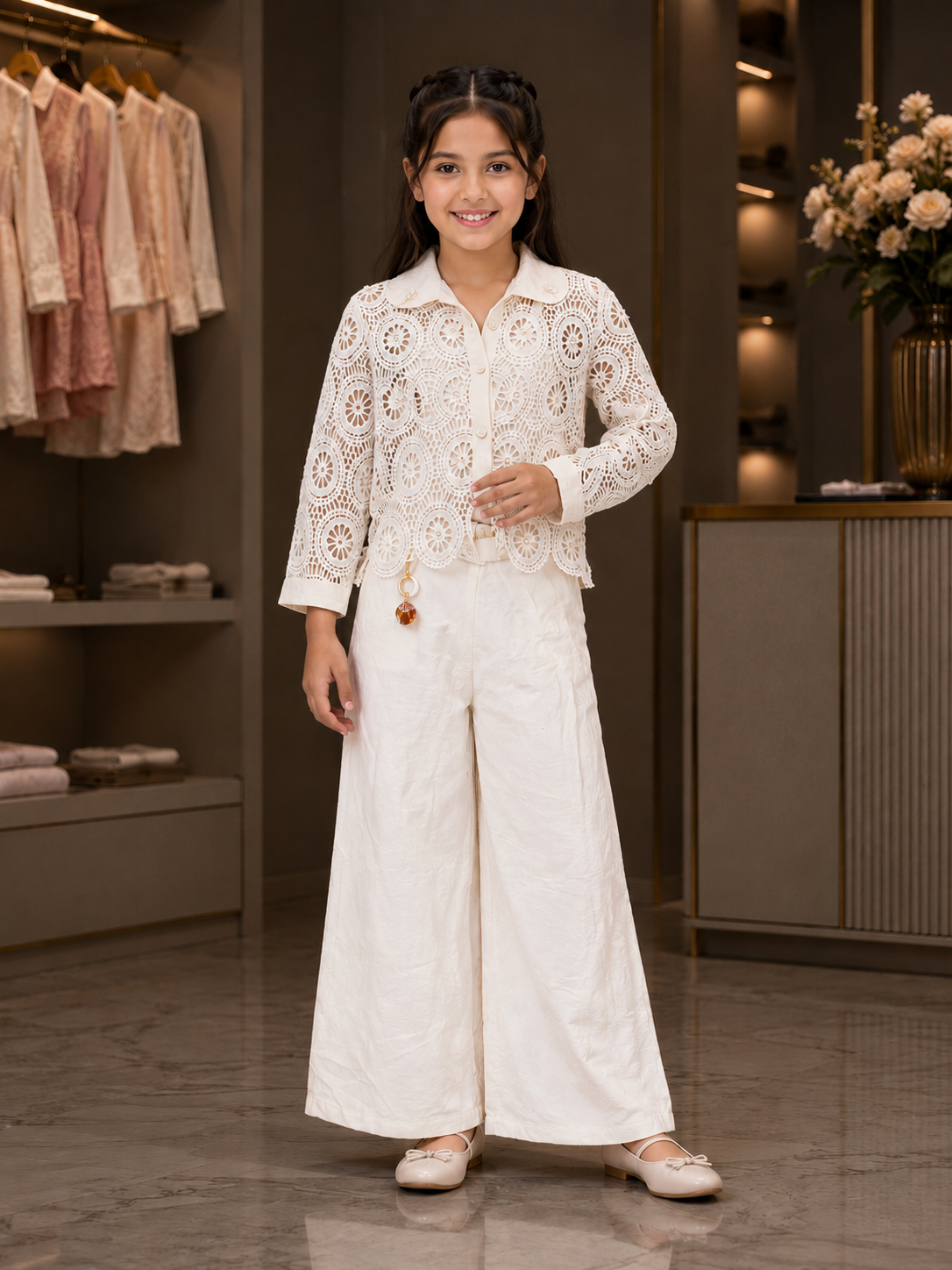 585PT Elegant Ivory Imported Lace Palazzo Set for Girls 585PT-450-CRM