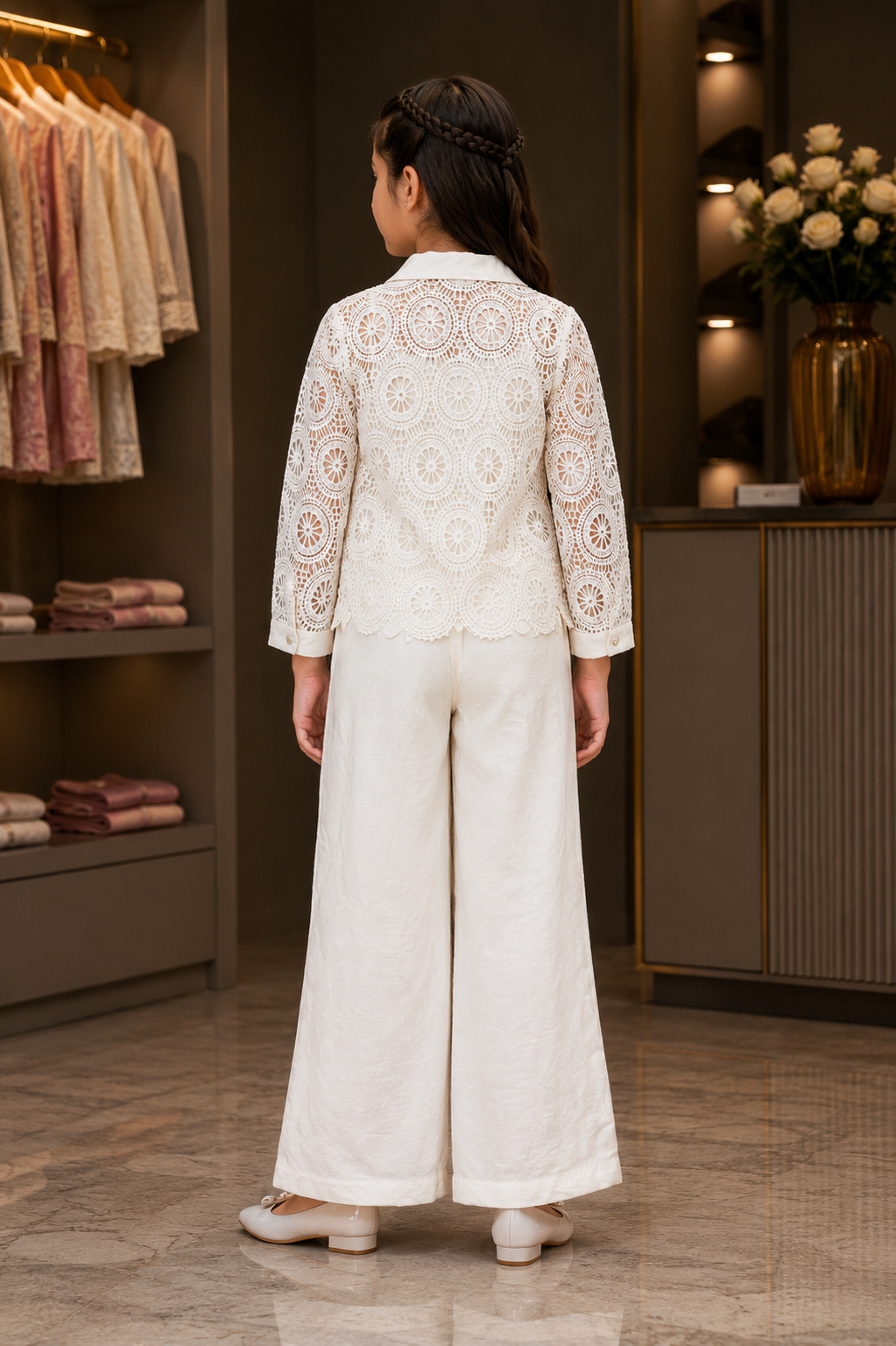 585PT Elegant Ivory Imported Lace Palazzo Set for Girls 585PT-450-CRM - Image 5