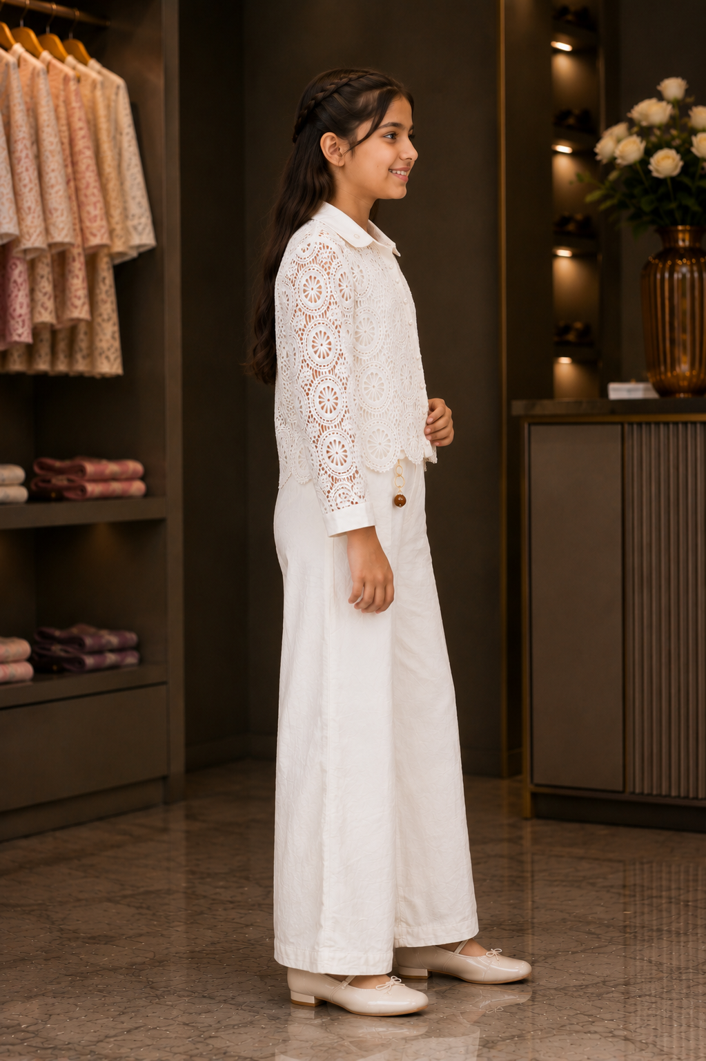 585PT Elegant Ivory Imported Lace Palazzo Set for Girls 585PT-450-CRM - Image 4
