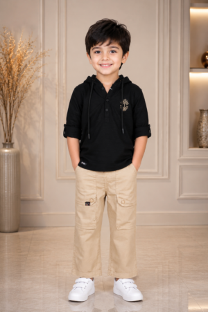5324PL Premium Imported Linen Boys Casual Hooded T-Shirt & Cargo Pant Set 5324PL-268-BLK