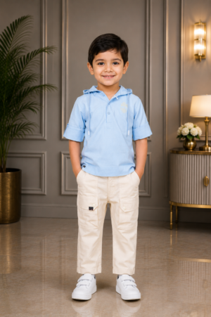 5324PL Premium Sky Blue Imported Linen Boys Hooded T-Shirt & Cargo Pant Set 5324PL-268-SKY