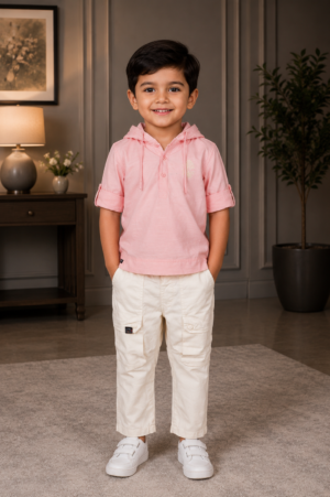 5324PL Premium Peach Imported Linen Boys Hooded Shirt & Cargo Pant Set 5324PL-268-PNK