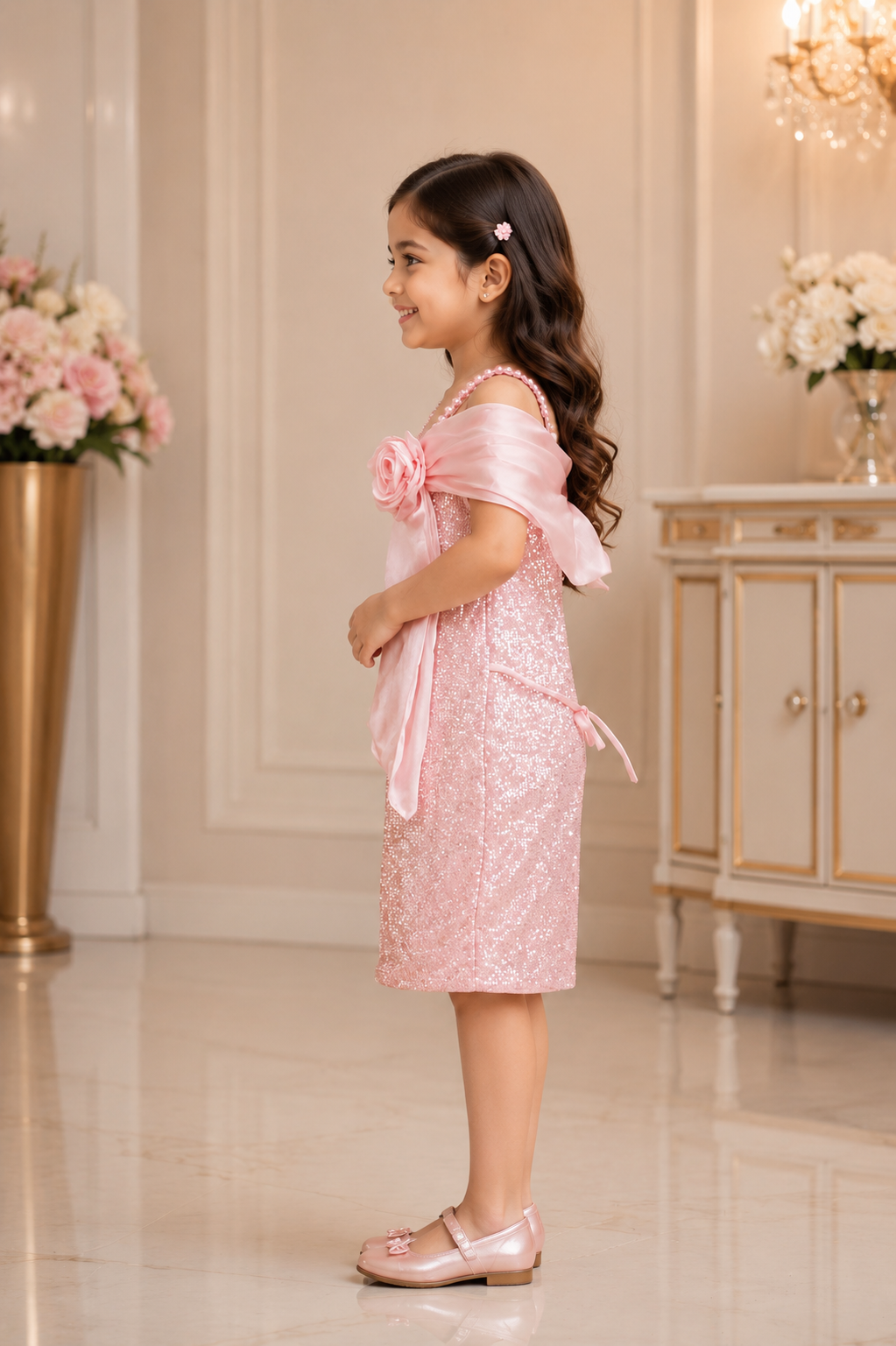 36082 Blush Pink Sequin Imported Fabric Middy Dress for Girls 36082-450-PNK - Image 4