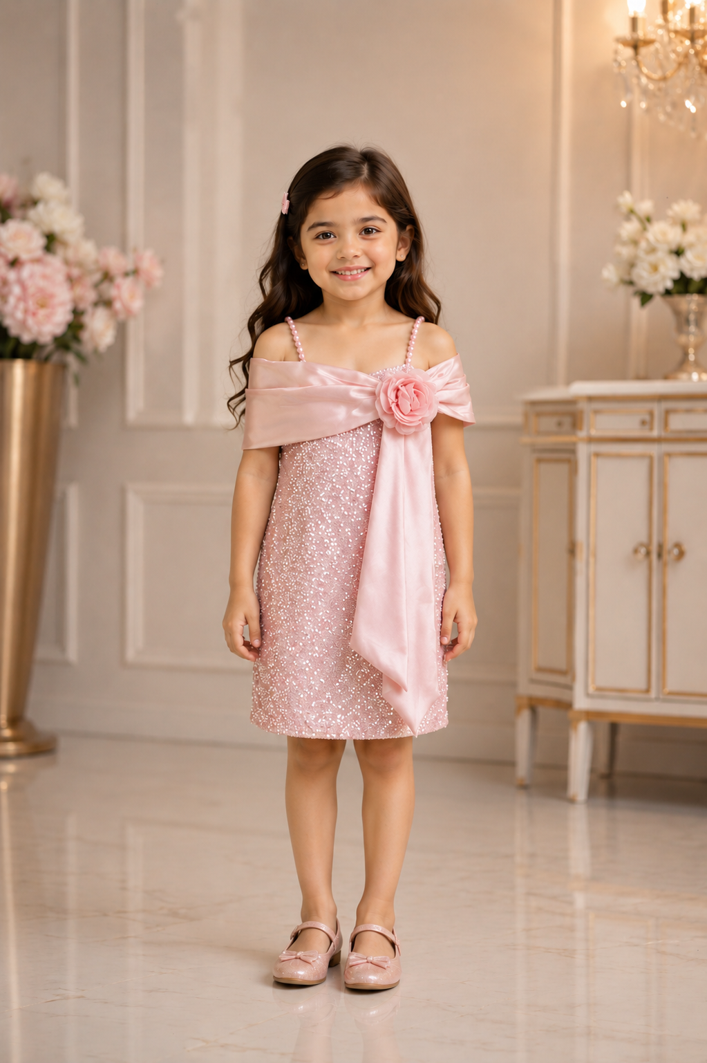 36082 Blush Pink Sequin Imported Fabric Middy Dress for Girls 36082-450-PNK