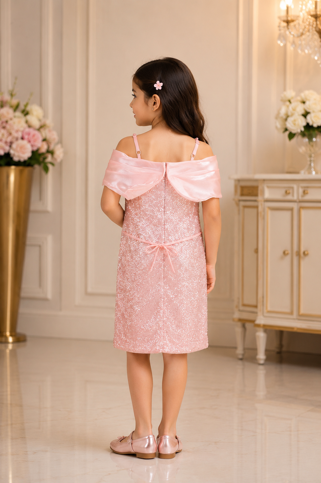 36082 Blush Pink Sequin Imported Fabric Middy Dress for Girls 36082-450-PNK - Image 2